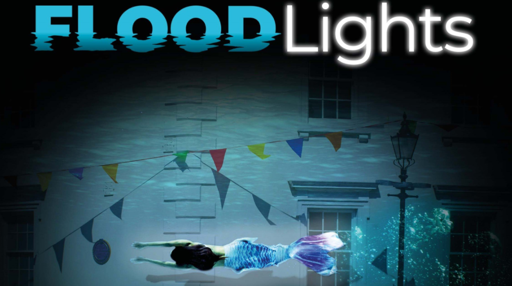 Graphic to illustrate the FloodLights live art installation featuring a mermaid swimming through a submerged street