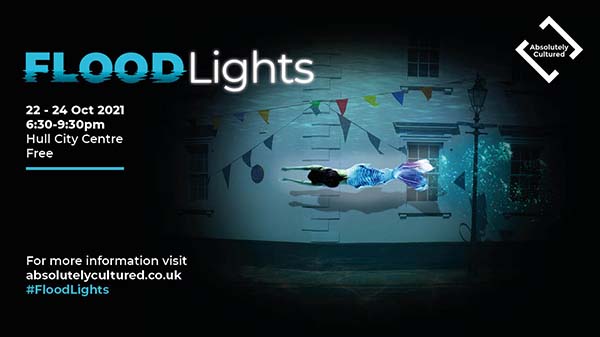 Graphic to illustrate the #FloodLights live art installation featuring a mermaid swimming through a submerged street