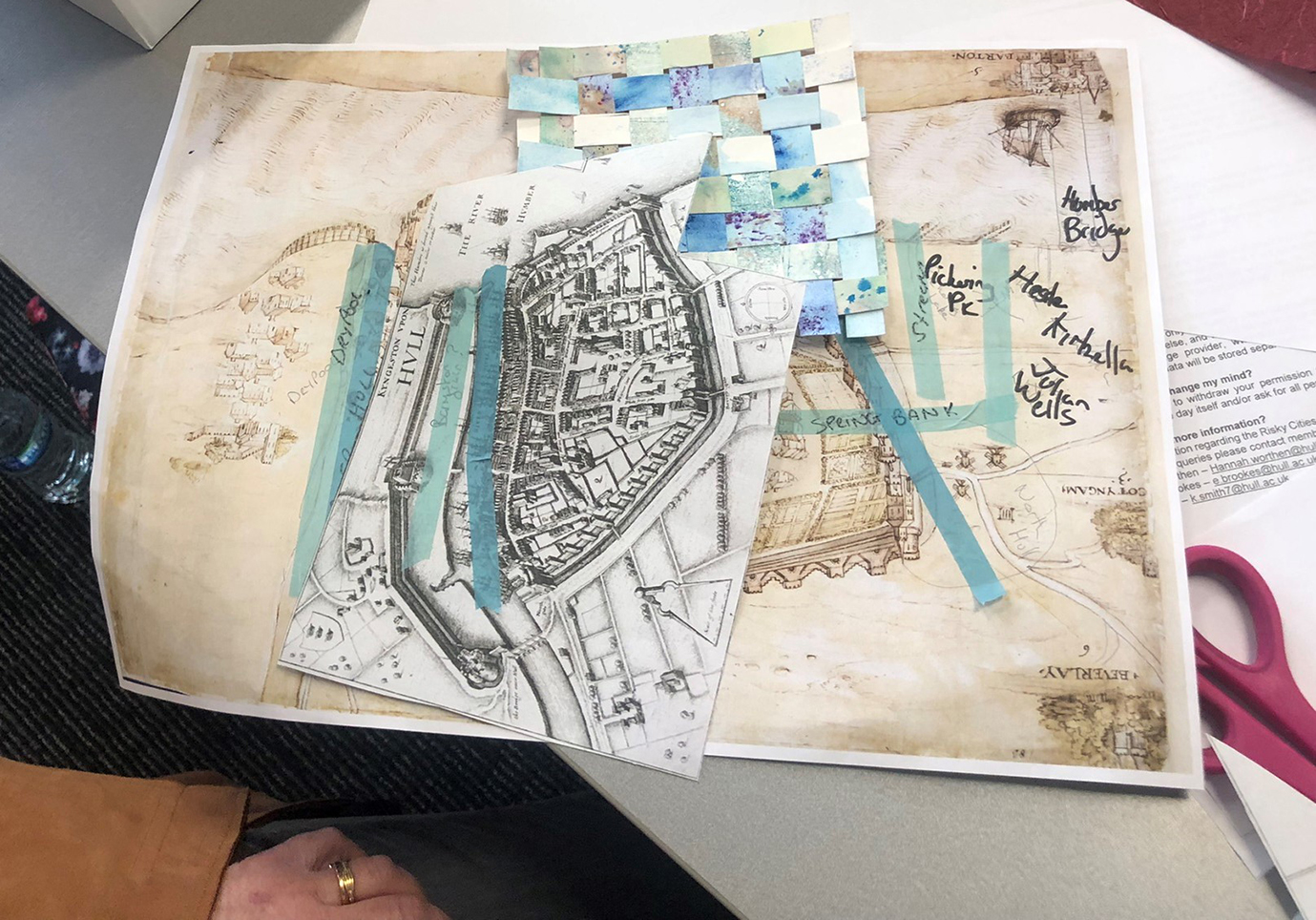Collage created by Watery Archives workshop participants including a historic map of Hull