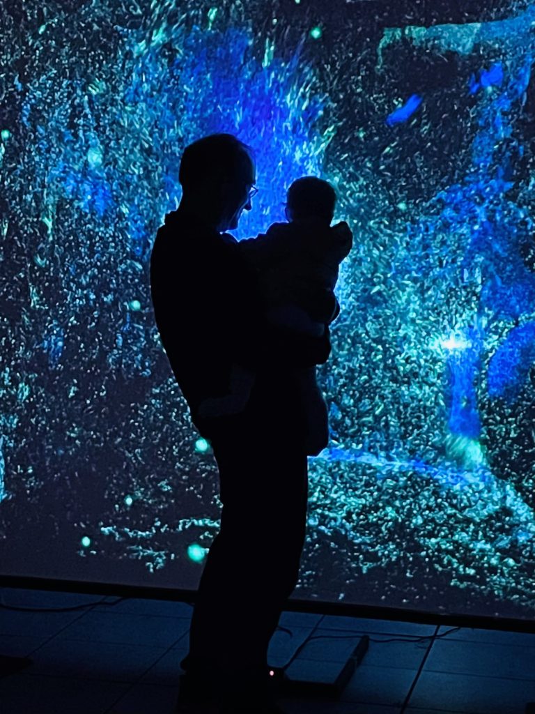 A silhouette of a man holding a small child against a backdrop of projected lights